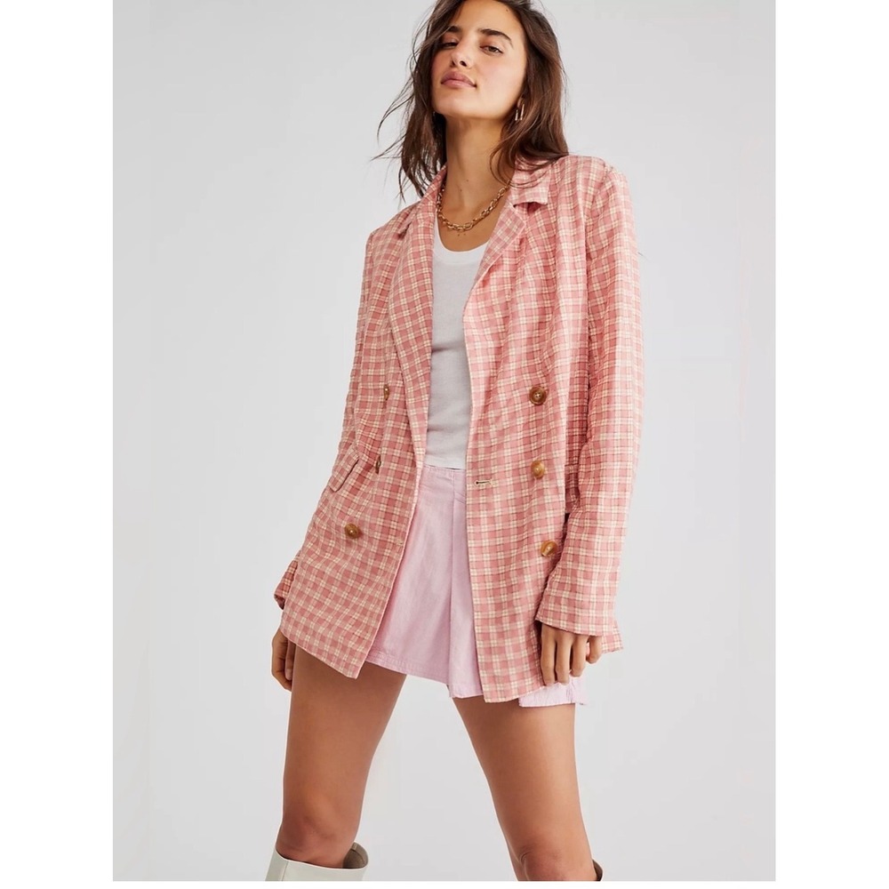 Free People Olivia Gingham Blazer Pink Plaid Tie Back Jacket Size S